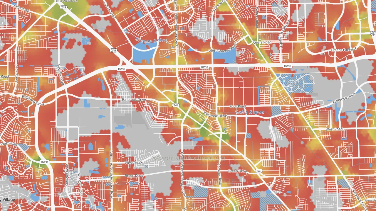 Walk Grade map of 77086, TX, walkable areas in green and car-dependent areas in red