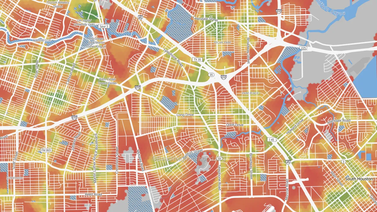 Walk Grade map of 77087, TX, walkable areas in green and car-dependent areas in red