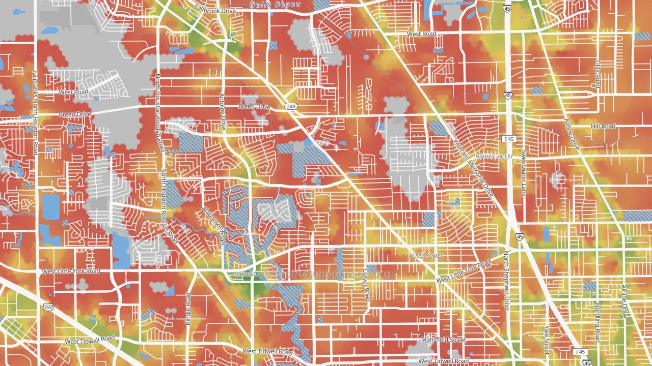 Walk Grade map of 77088, TX, walkable areas in green and car-dependent areas in red
