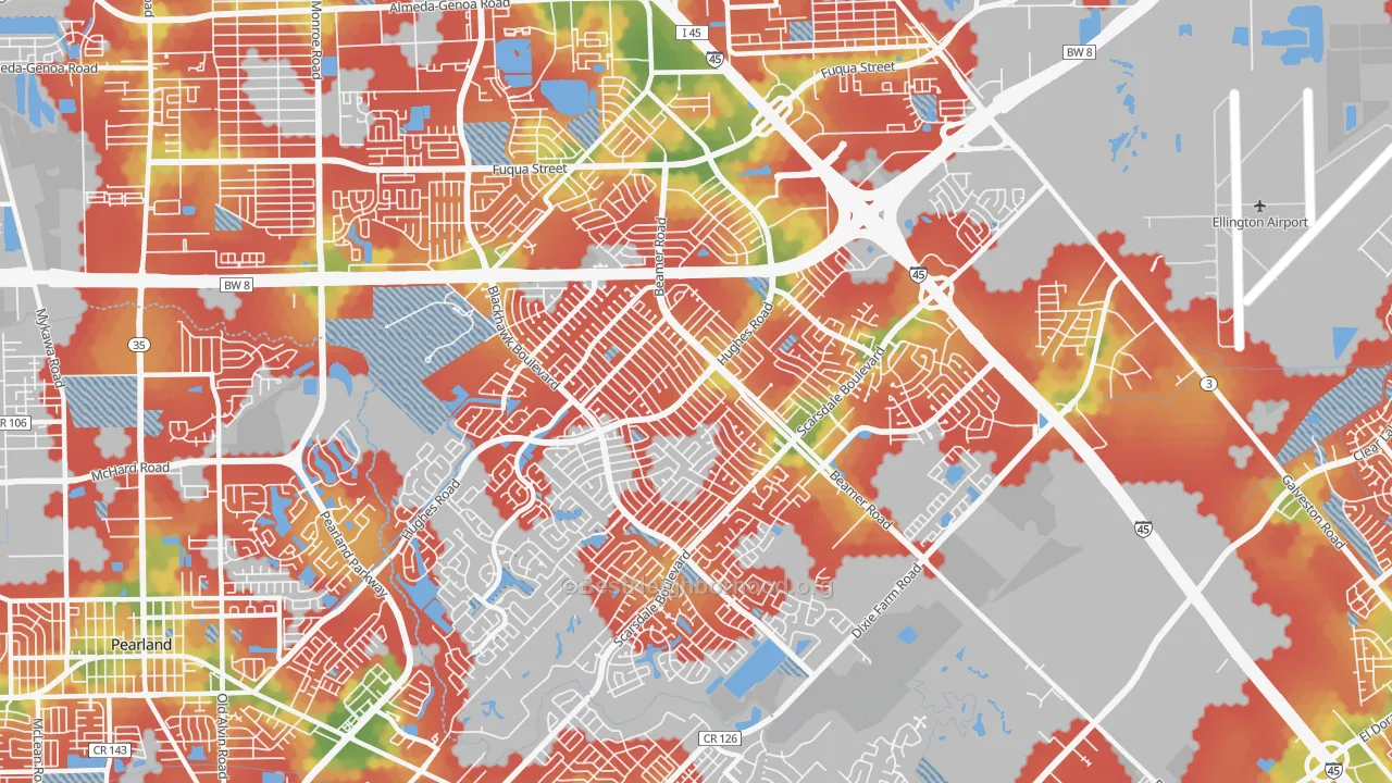 Walk Grade map of 77089, TX, walkable areas in green and car-dependent areas in red