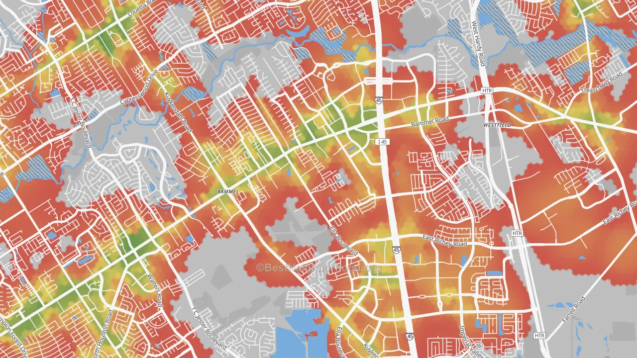 Walk Grade map of 77090, TX, walkable areas in green and car-dependent areas in red