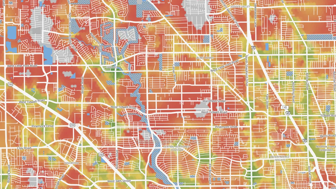 Walk Grade map of 77091, TX, walkable areas in green and car-dependent areas in red