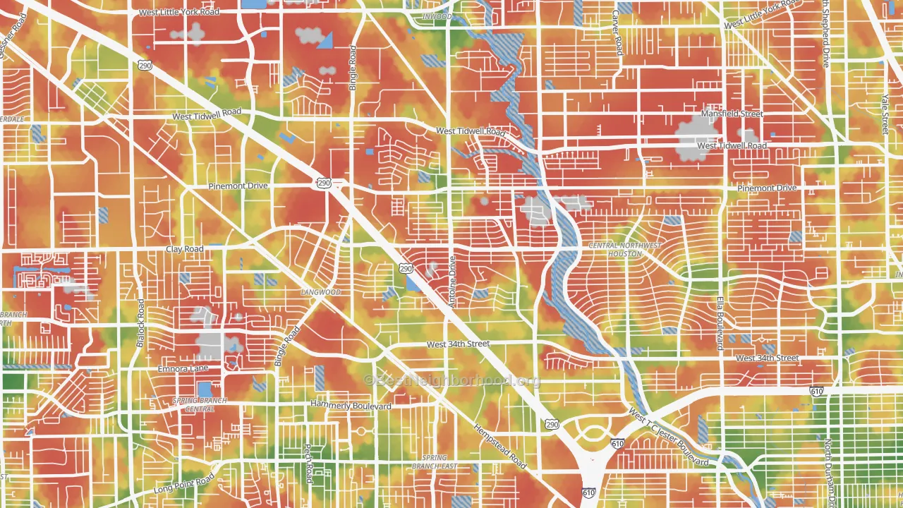 Walk Grade map of 77092, TX, walkable areas in green and car-dependent areas in red