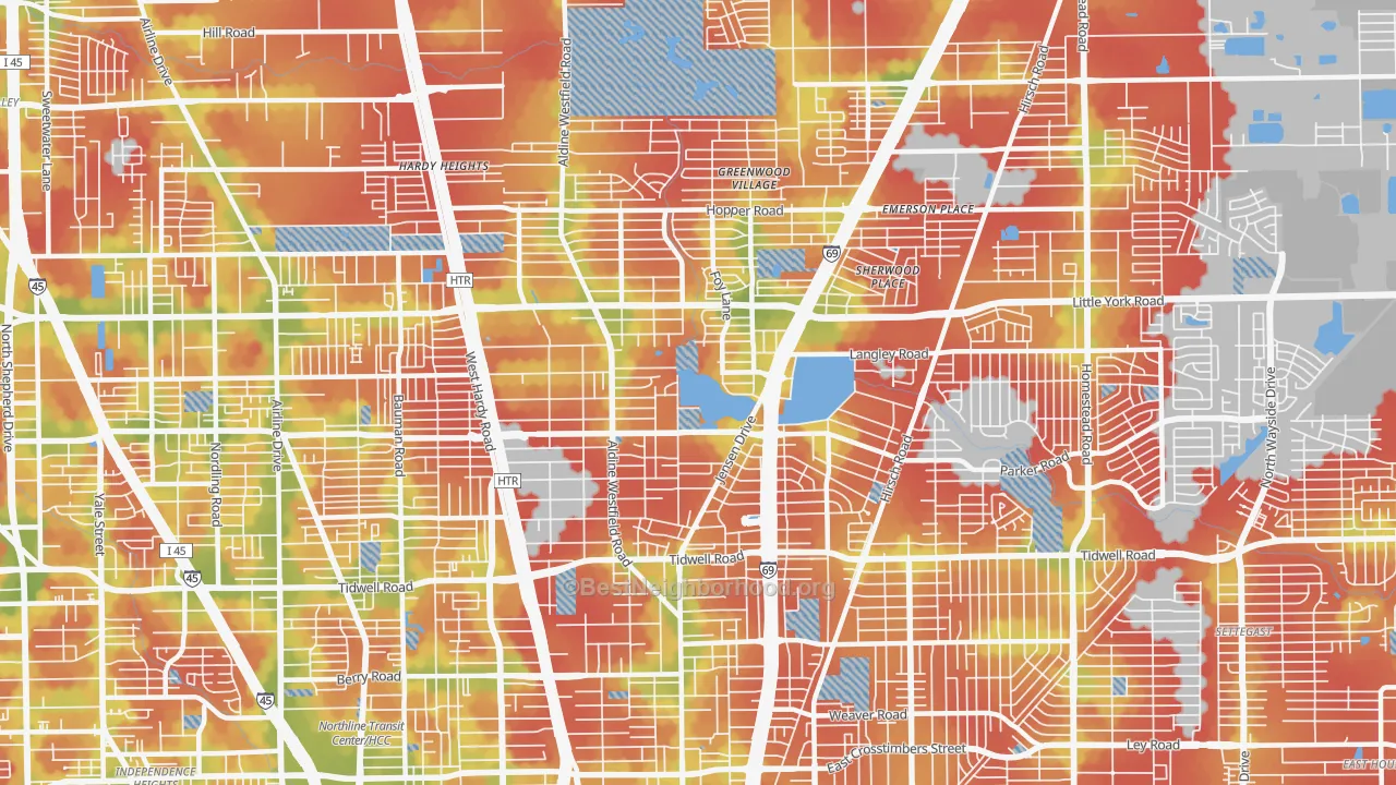 Walk Grade map of 77093, TX, walkable areas in green and car-dependent areas in red