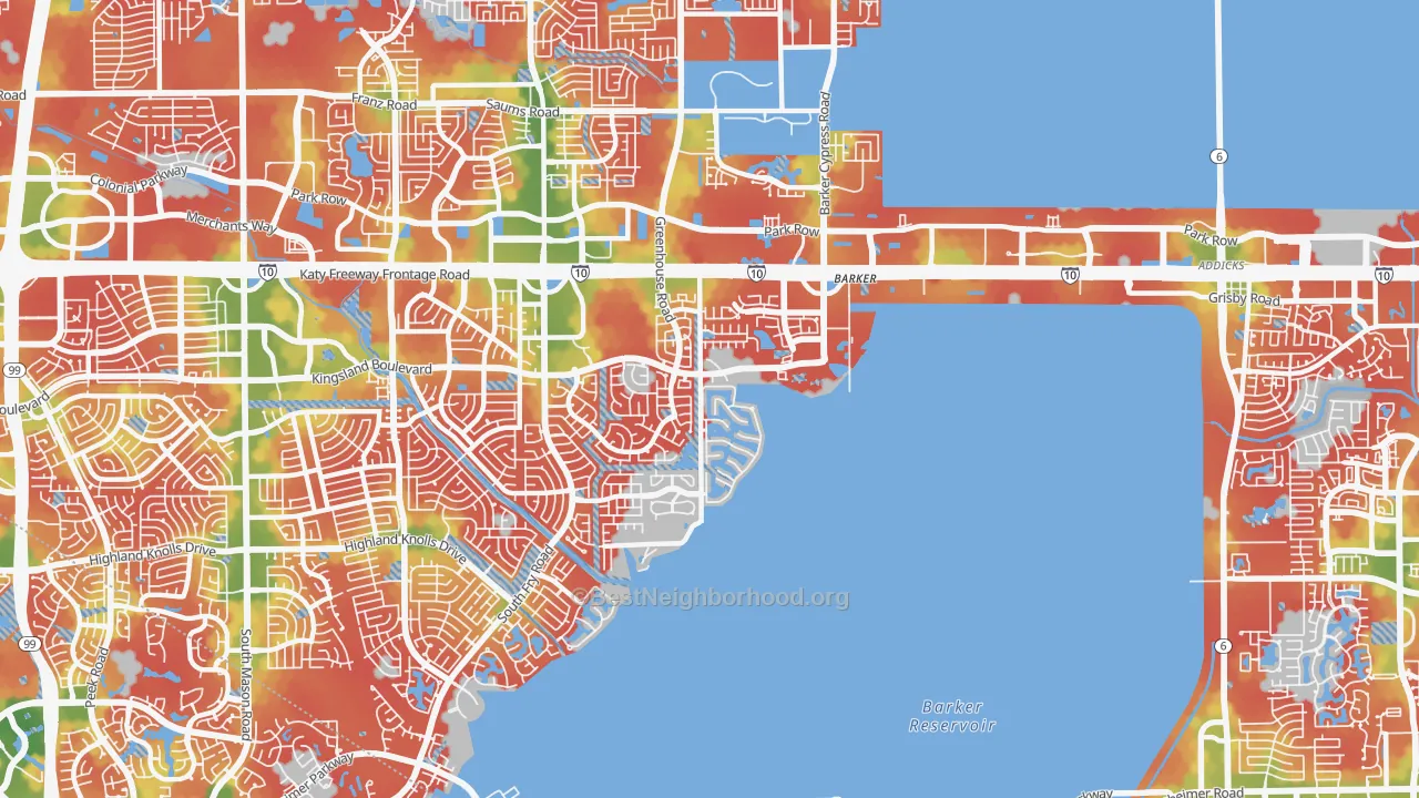 Walk Grade map of 77094, TX, walkable areas in green and car-dependent areas in red