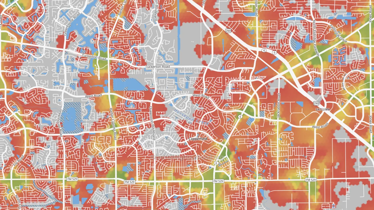 Walk Grade map of 77095, TX, walkable areas in green and car-dependent areas in red