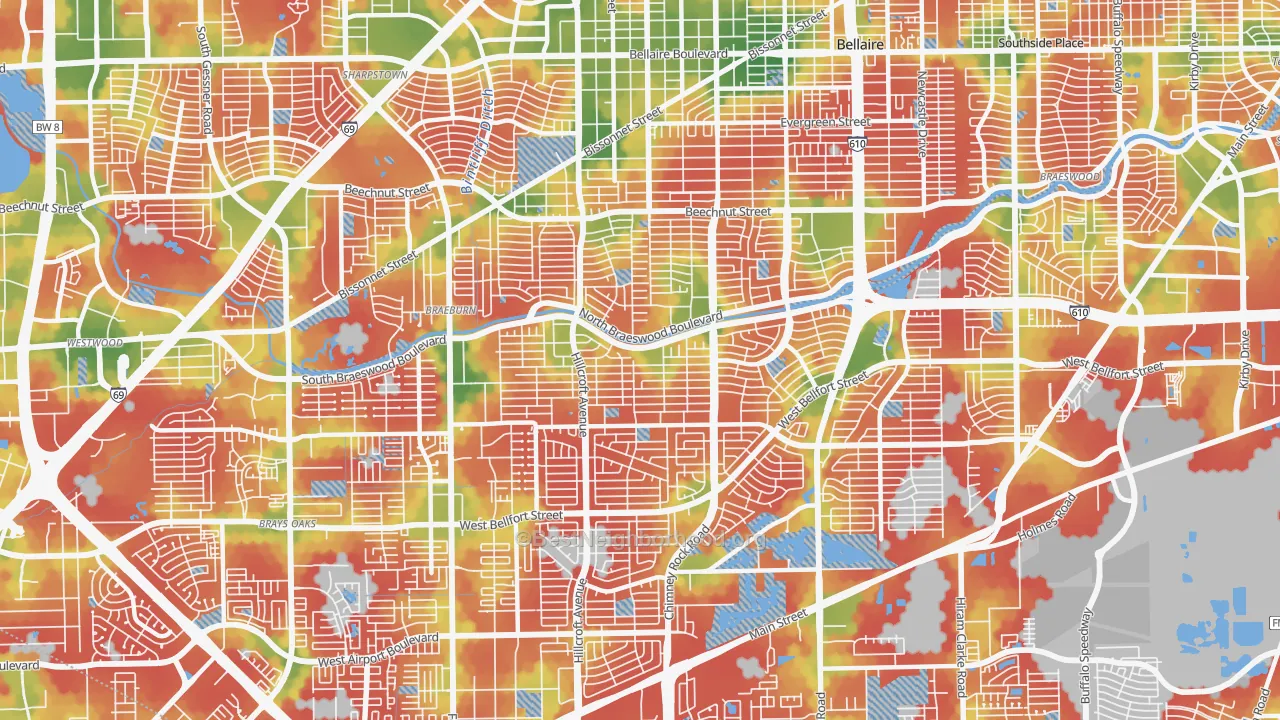 Walk Grade map of 77096, TX, walkable areas in green and car-dependent areas in red
