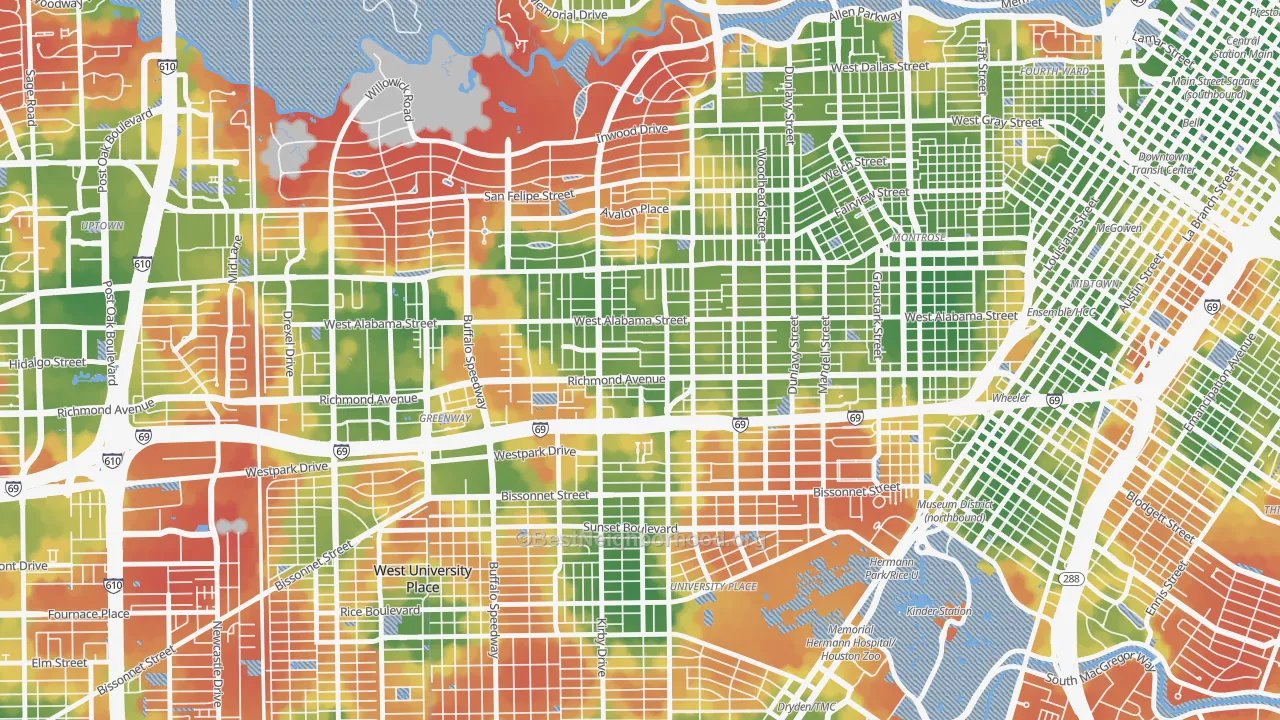 Walk Grade map of 77098, TX, walkable areas in green and car-dependent areas in red