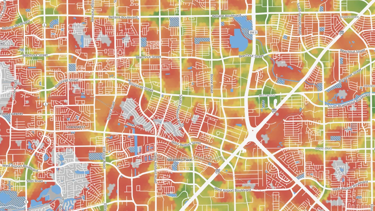 Walk Grade map of 77099, TX, walkable areas in green and car-dependent areas in red