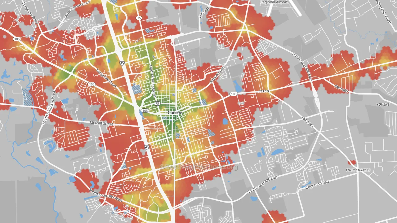 Walk Grade map of 77301, TX, walkable areas in green and car-dependent areas in red