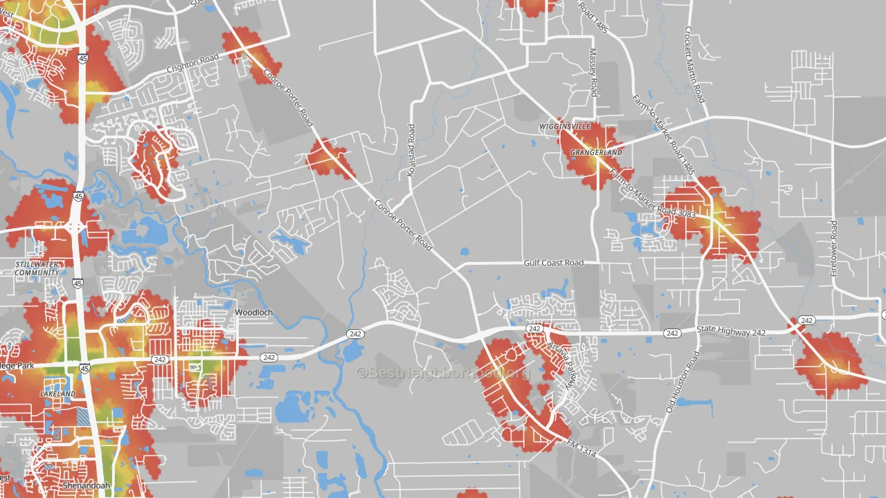 Walk Grade map of 77302, TX, walkable areas in green and car-dependent areas in red