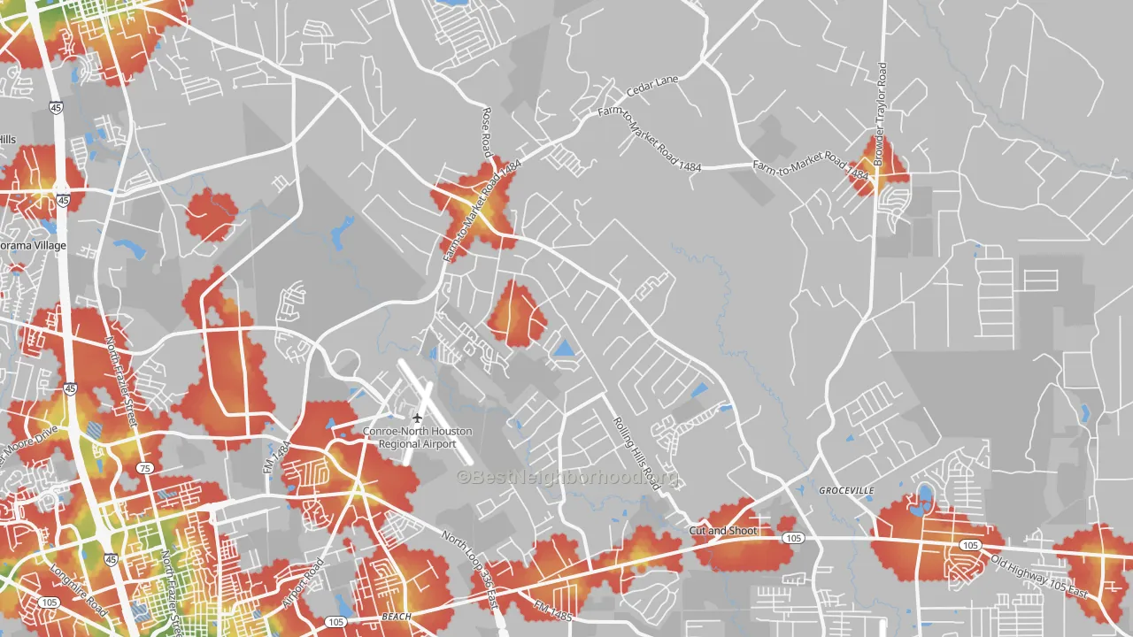 Walk Grade map of 77303, TX, walkable areas in green and car-dependent areas in red