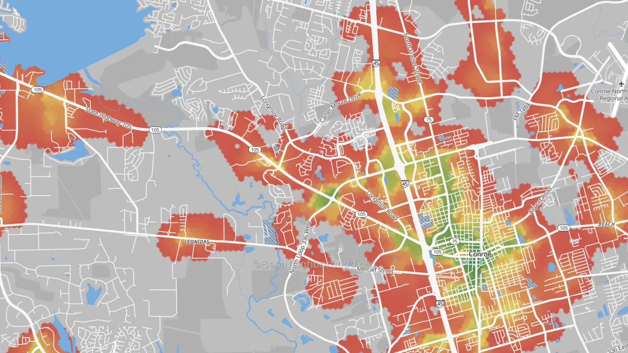 Walk Grade map of 77304, TX, walkable areas in green and car-dependent areas in red