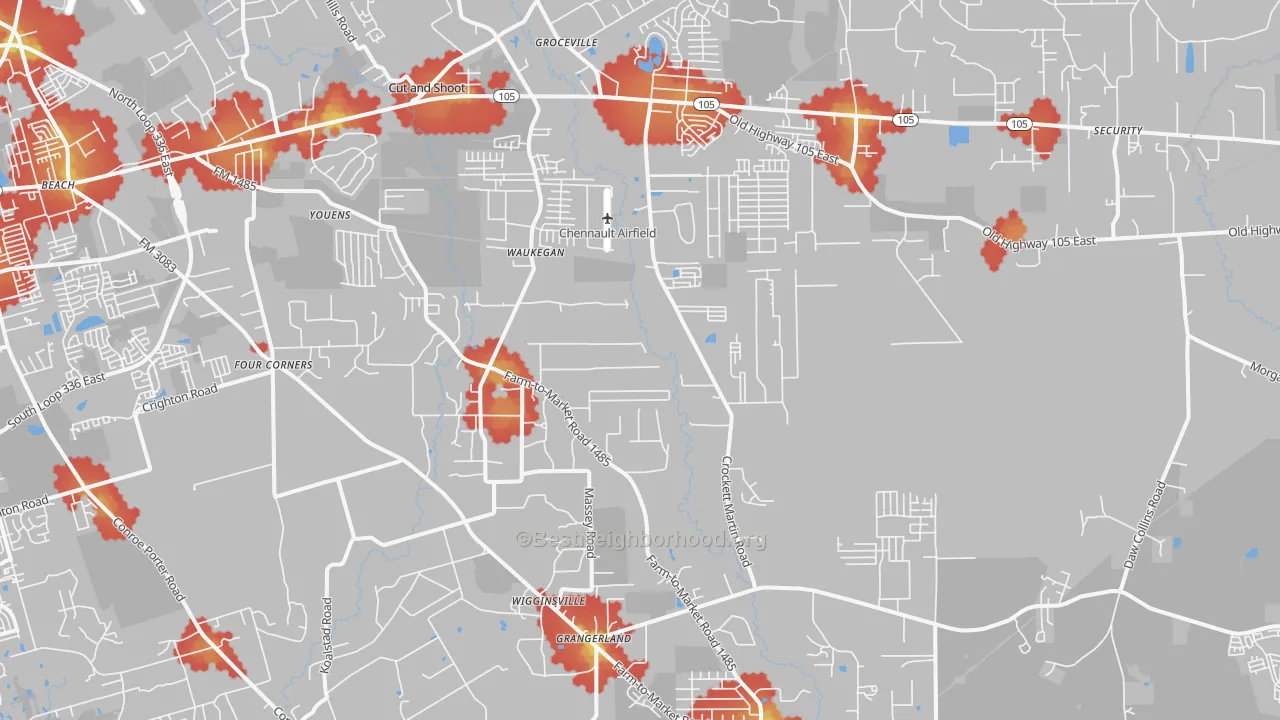 Walk Grade map of 77306, TX, walkable areas in green and car-dependent areas in red
