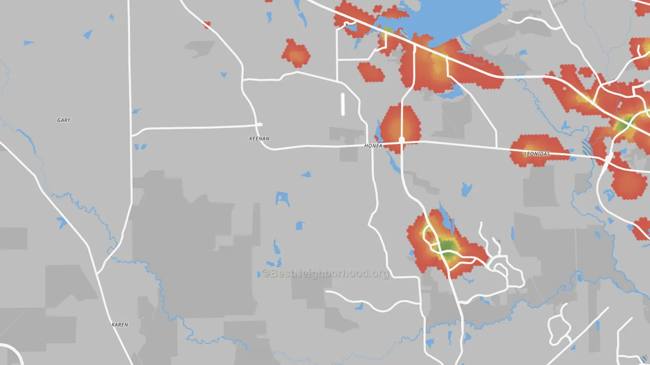 Walk Grade map of 77316, TX, walkable areas in green and car-dependent areas in red