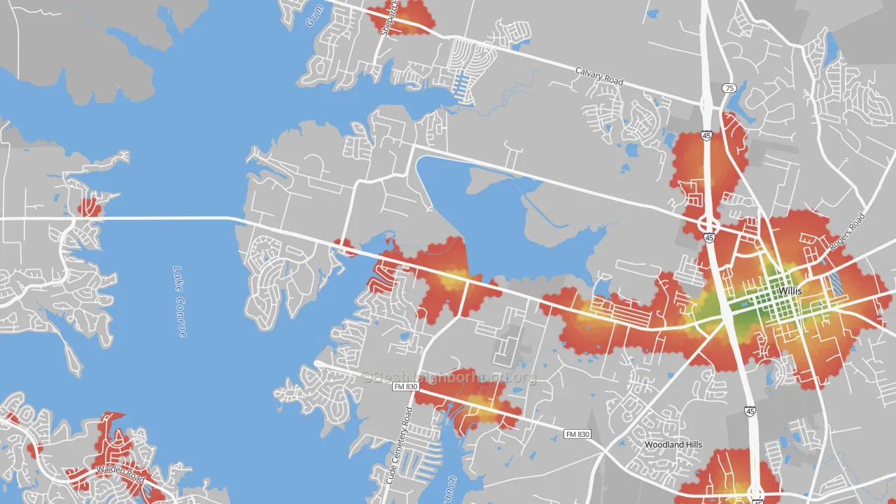 Walk Grade map of 77318, TX, walkable areas in green and car-dependent areas in red