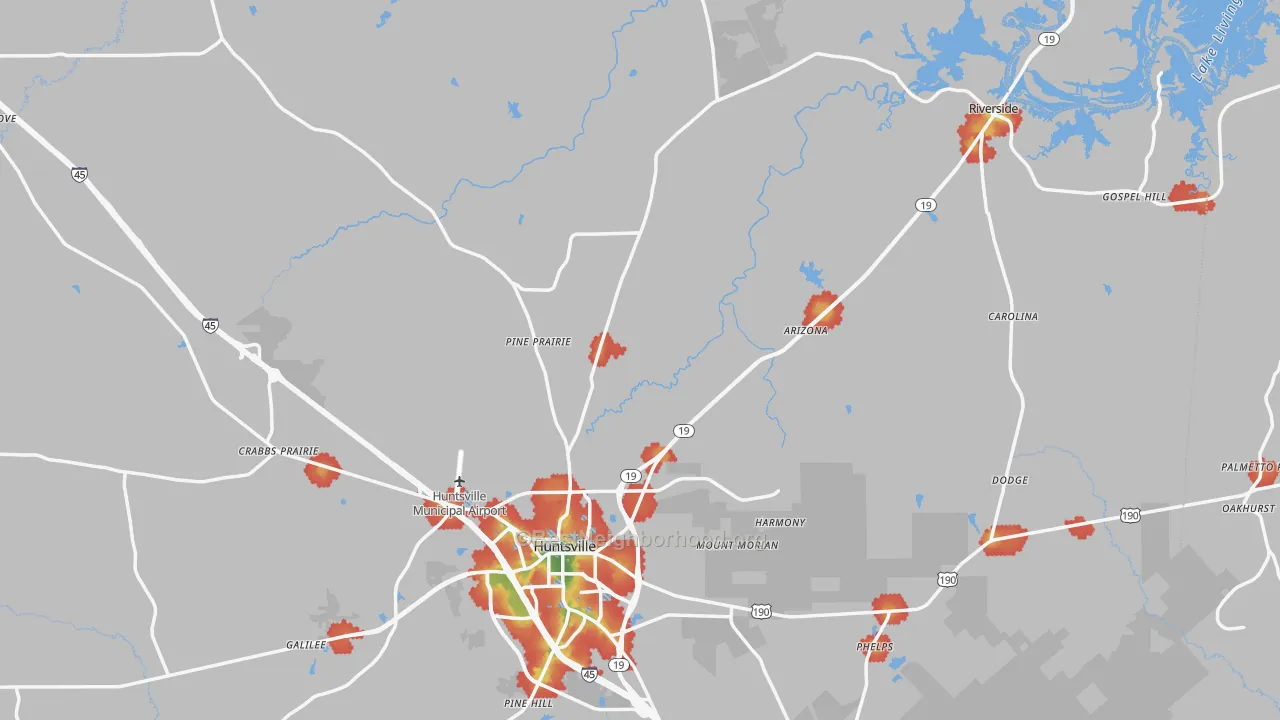 Walk Grade map of 77320, TX, walkable areas in green and car-dependent areas in red
