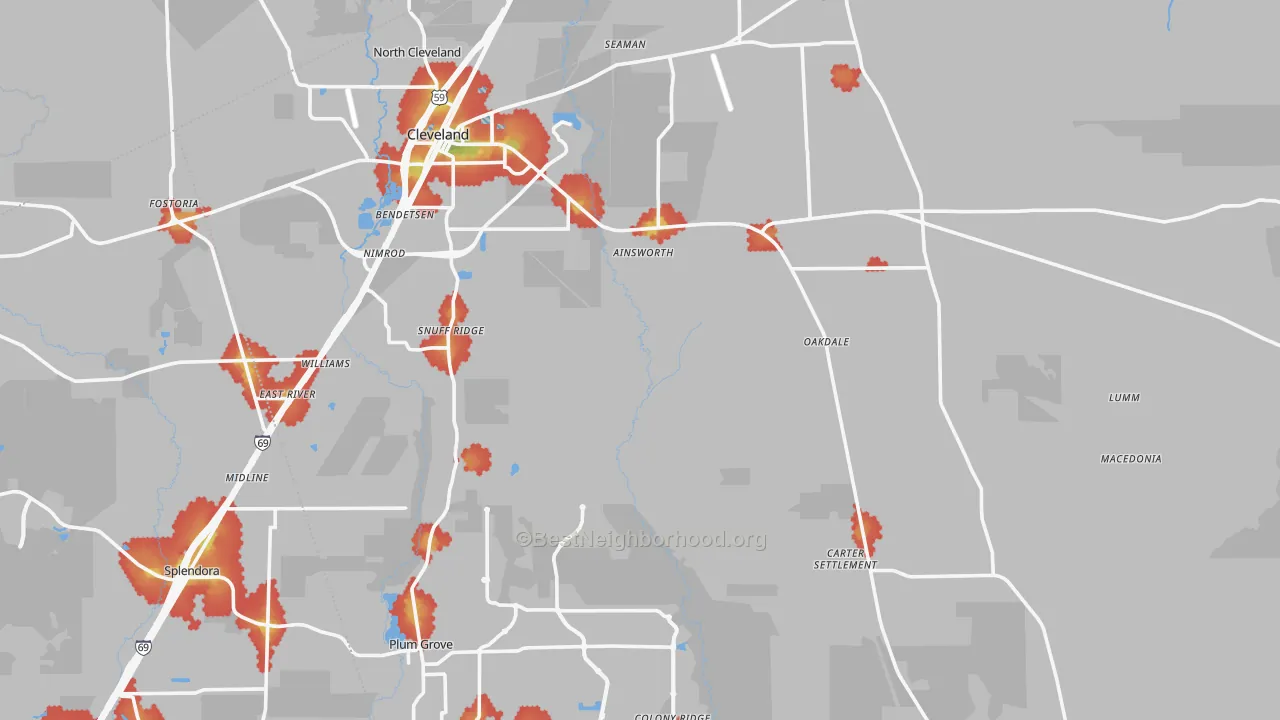 Walk Grade map of 77327, TX, walkable areas in green and car-dependent areas in red