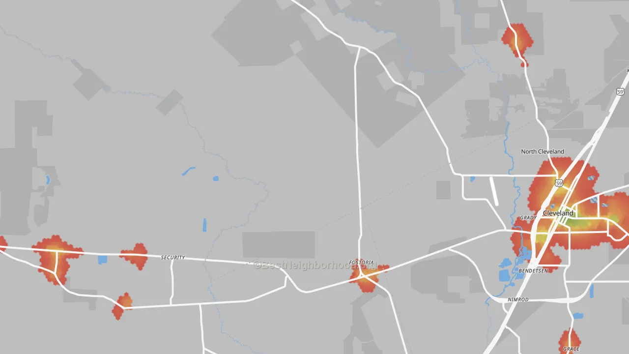 Walk Grade map of 77328, TX, walkable areas in green and car-dependent areas in red