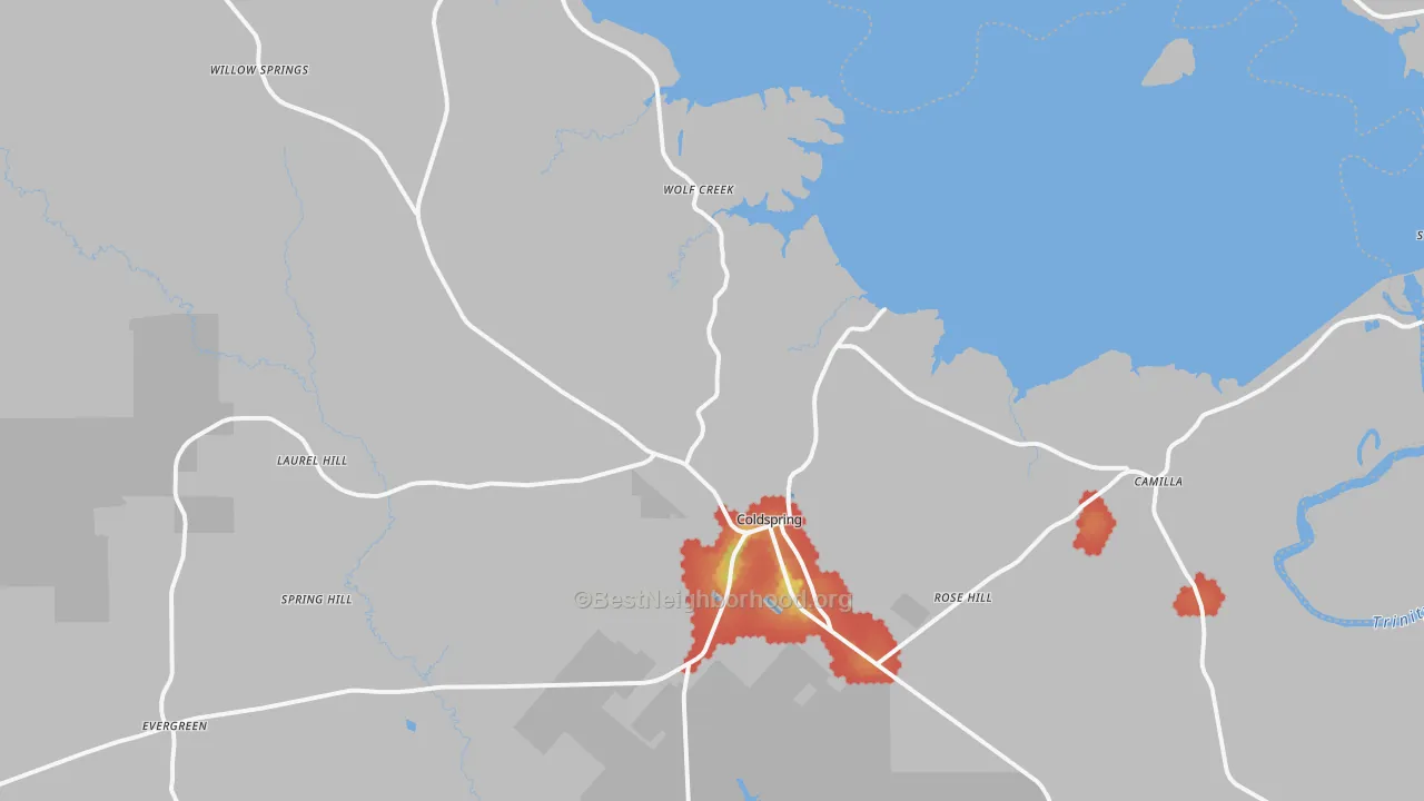 Walk Grade map of 77331, TX, walkable areas in green and car-dependent areas in red