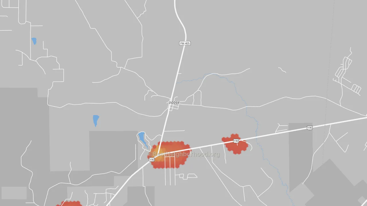 Walk Grade map of 77334, TX, walkable areas in green and car-dependent areas in red