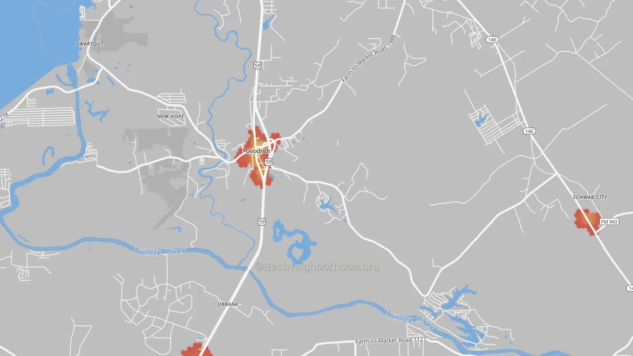 Walk Grade map of 77335, TX, walkable areas in green and car-dependent areas in red
