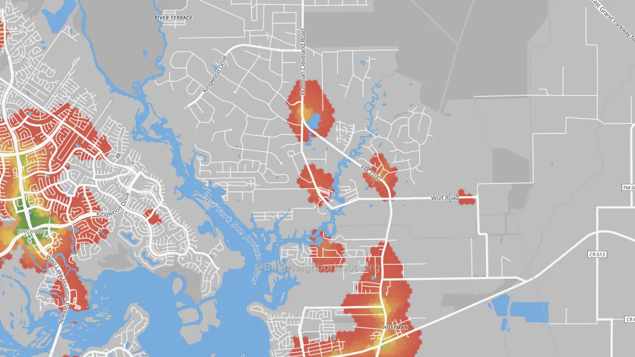 Walk Grade map of 77336, TX, walkable areas in green and car-dependent areas in red