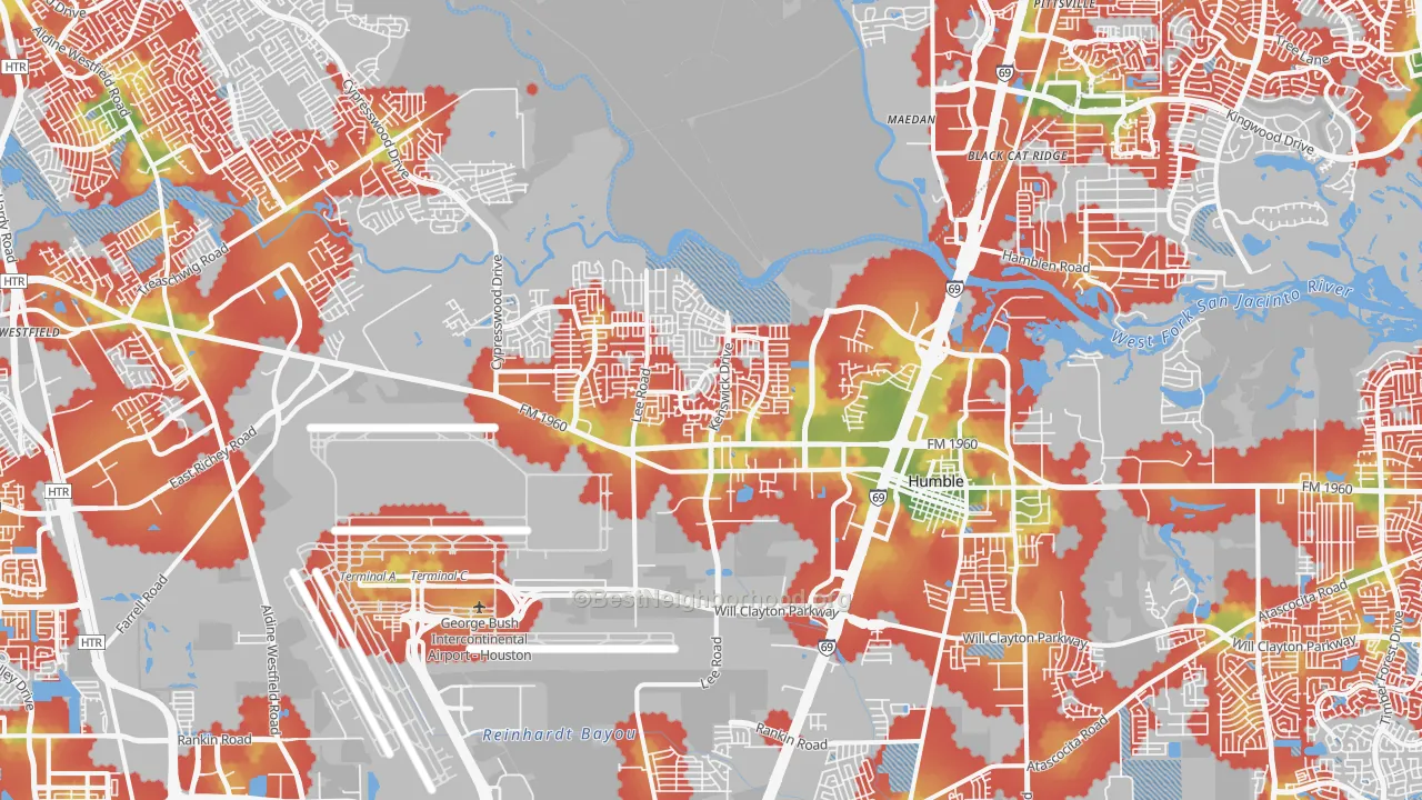 Walk Grade map of 77338, TX, walkable areas in green and car-dependent areas in red