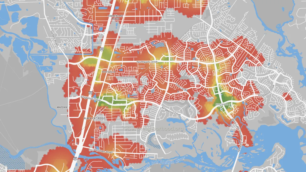 Walk Grade map of 77339, TX, walkable areas in green and car-dependent areas in red