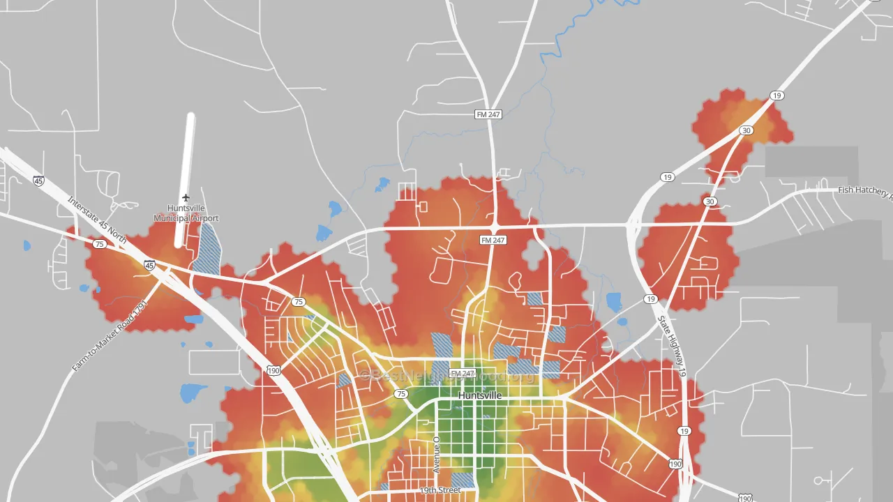 Walk Grade map of 77342, TX, walkable areas in green and car-dependent areas in red