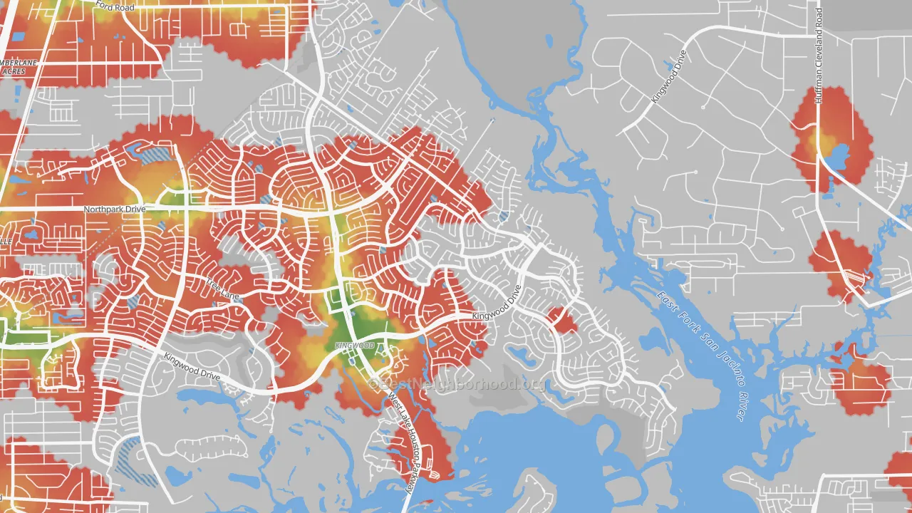 Walk Grade map of 77345, TX, walkable areas in green and car-dependent areas in red
