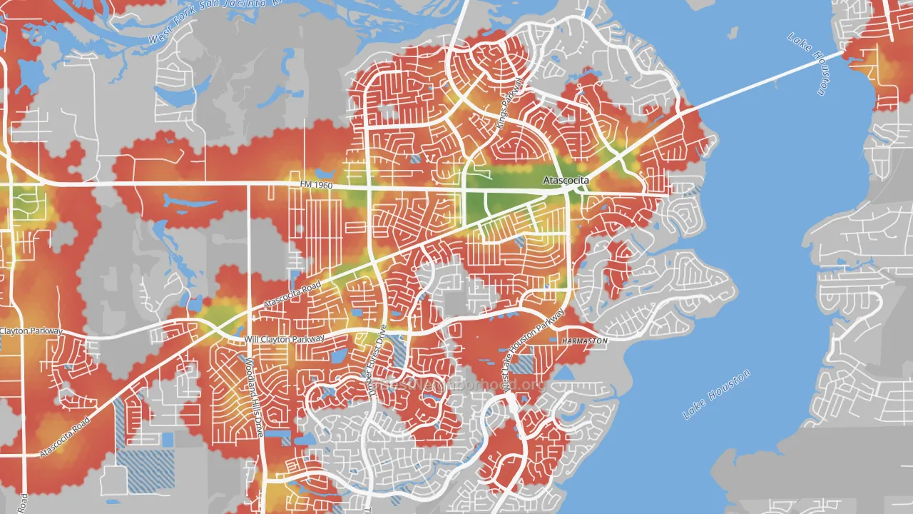 Walk Grade map of 77346, TX, walkable areas in green and car-dependent areas in red