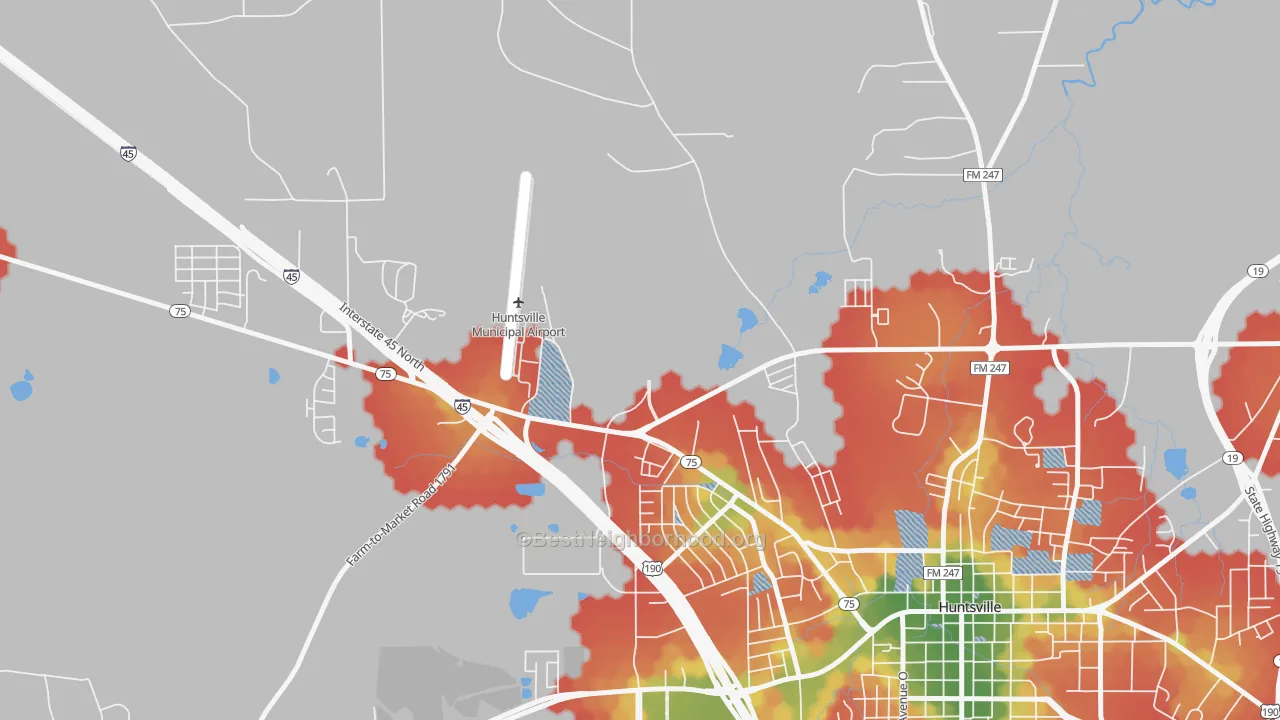 Walk Grade map of 77349, TX, walkable areas in green and car-dependent areas in red