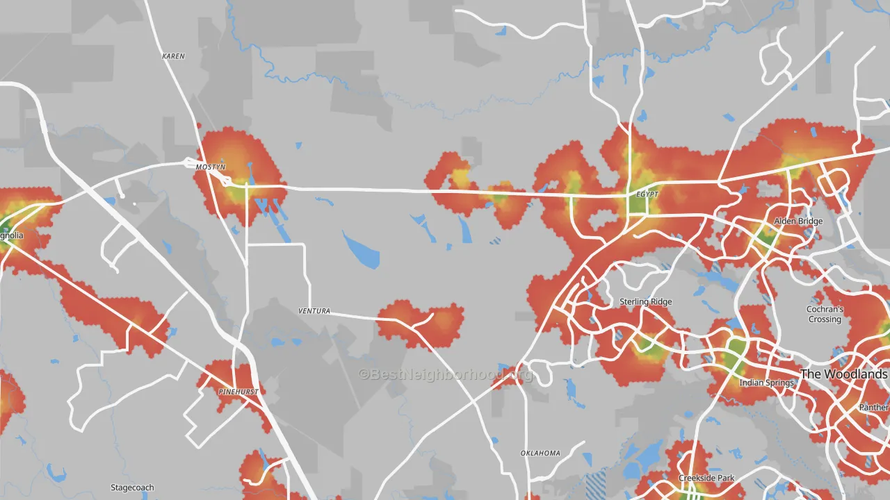 Walk Grade map of 77354, TX, walkable areas in green and car-dependent areas in red