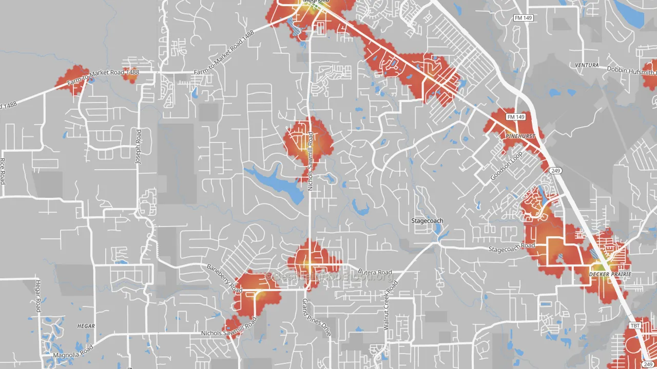 Walk Grade map of 77355, TX, walkable areas in green and car-dependent areas in red