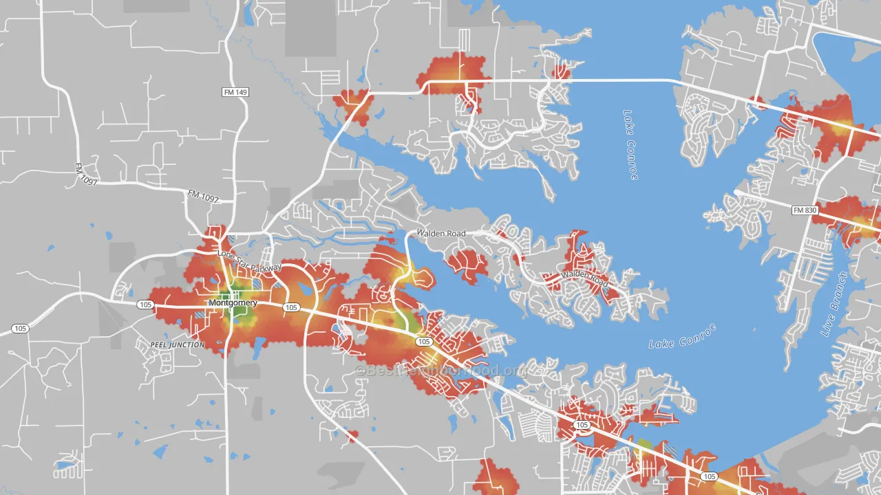 Walk Grade map of 77356, TX, walkable areas in green and car-dependent areas in red