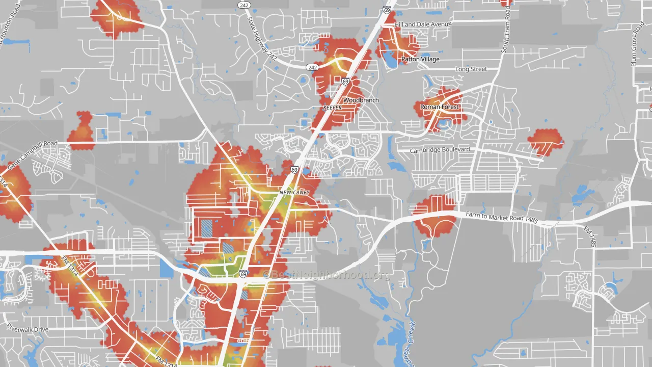 Walk Grade map of 77357, TX, walkable areas in green and car-dependent areas in red