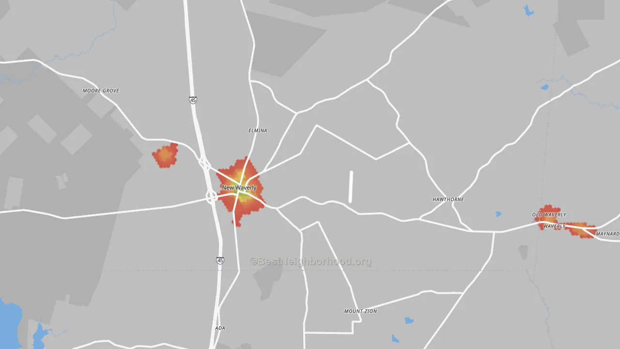 Walk Grade map of 77358, TX, walkable areas in green and car-dependent areas in red