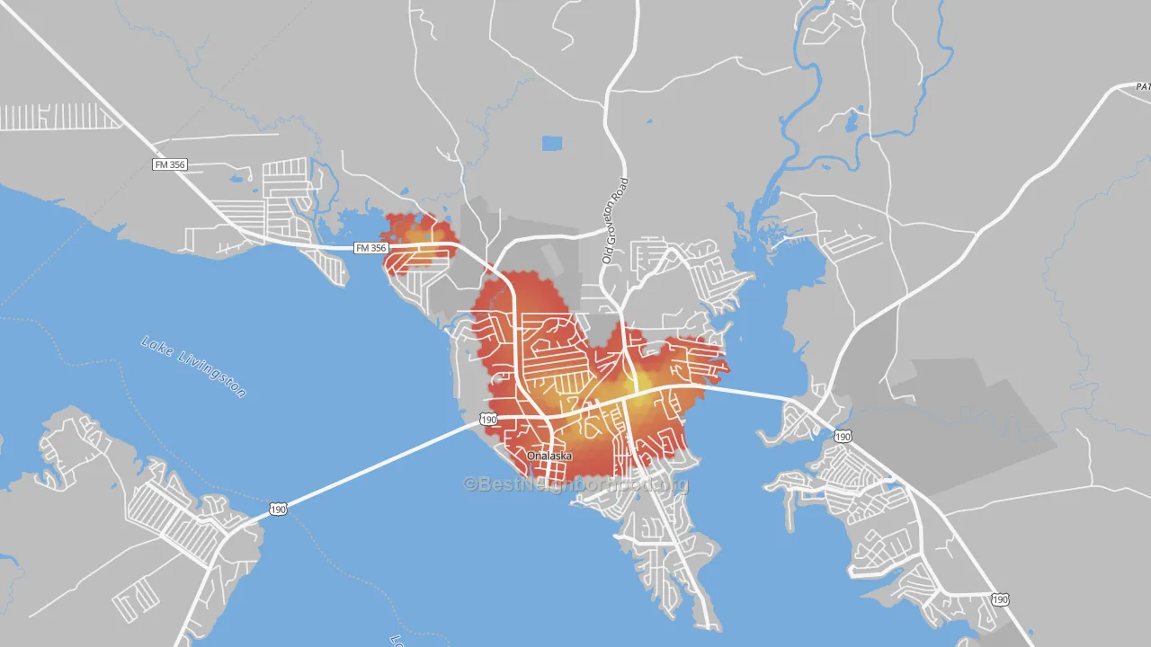 Walk Grade map of 77360, TX, walkable areas in green and car-dependent areas in red