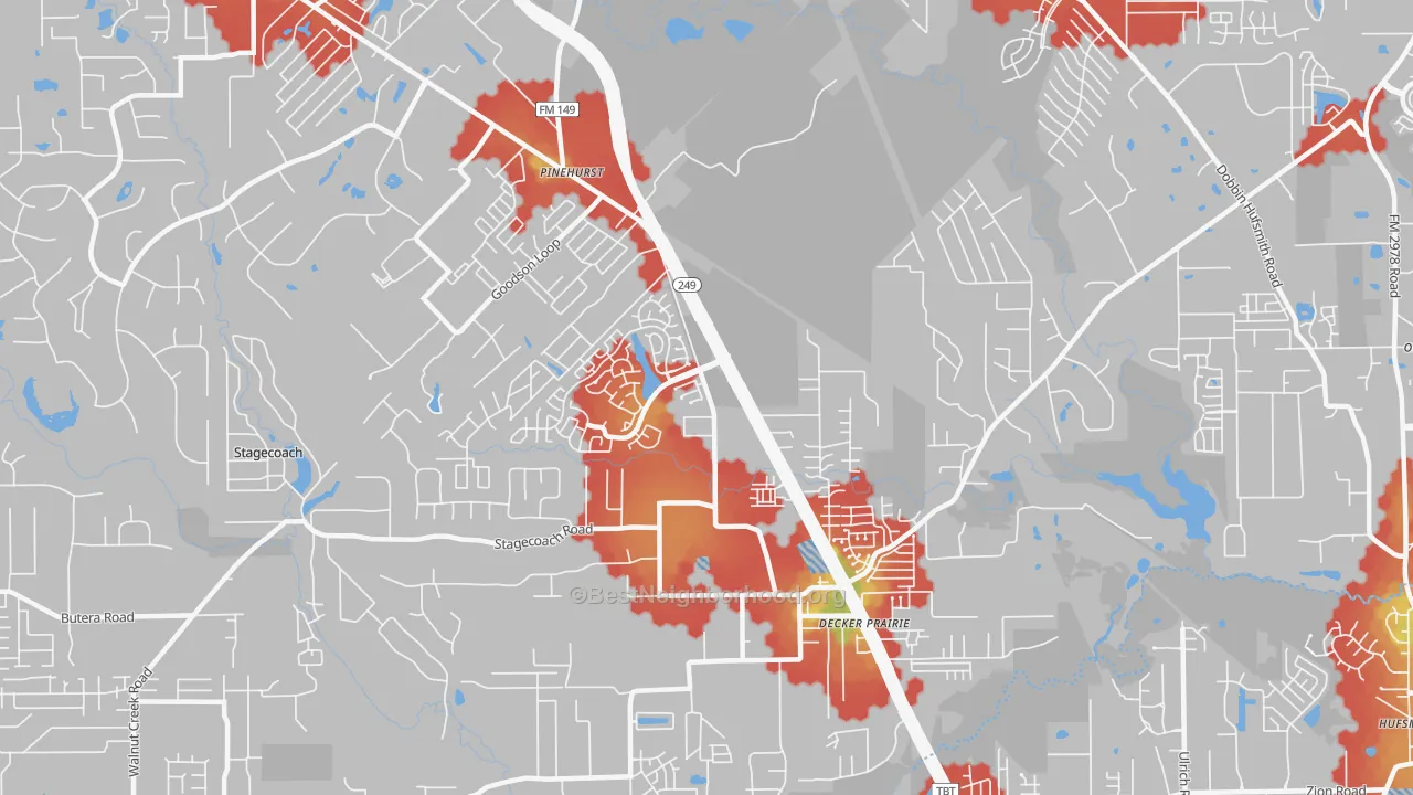 Walk Grade map of 77362, TX, walkable areas in green and car-dependent areas in red