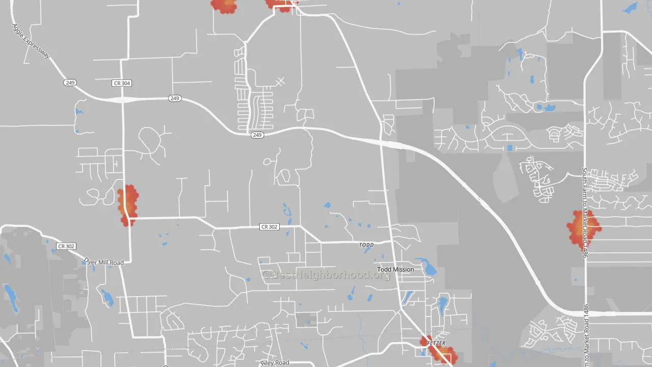 Walk Grade map of 77363, TX, walkable areas in green and car-dependent areas in red