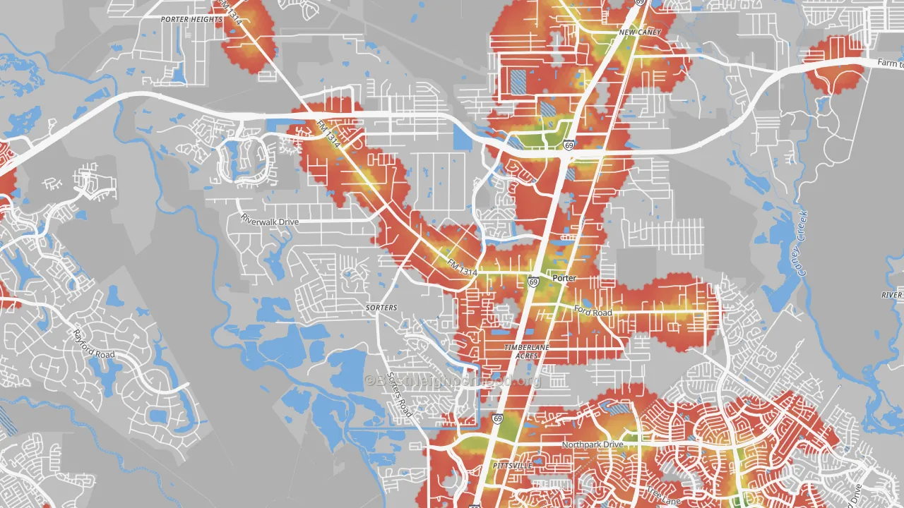 Walk Grade map of 77365, TX, walkable areas in green and car-dependent areas in red