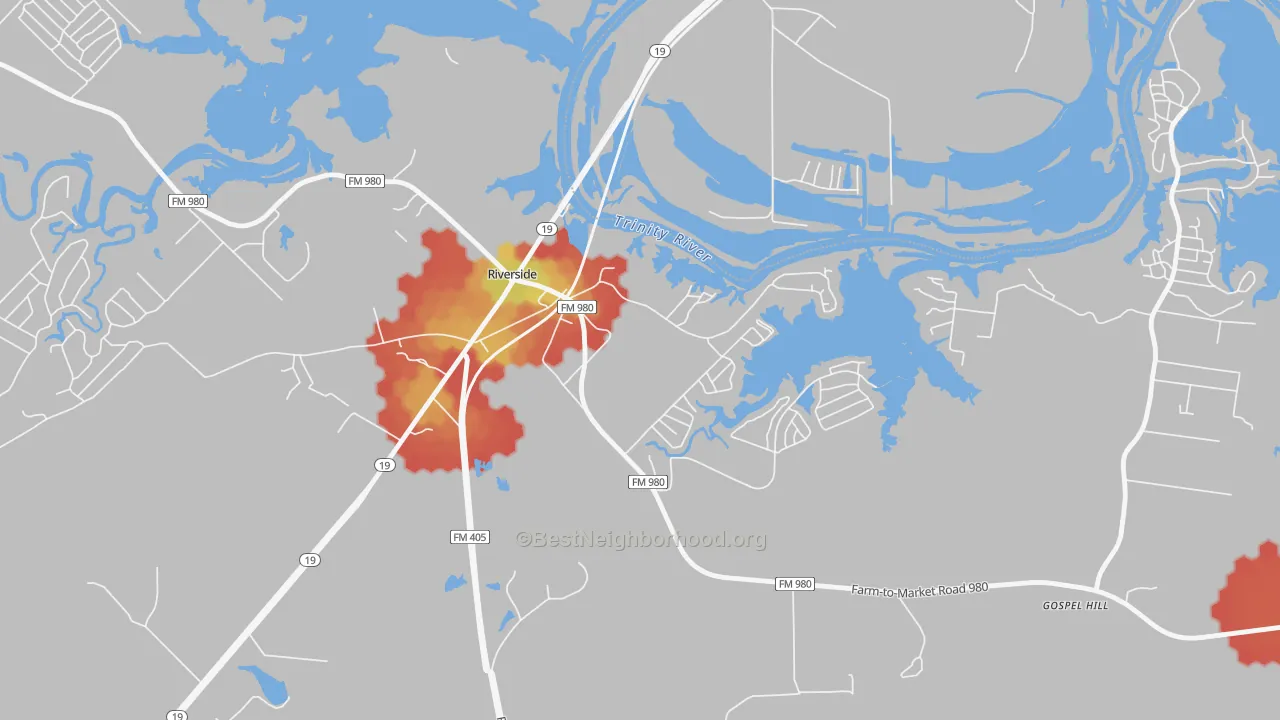 Walk Grade map of 77367, TX, walkable areas in green and car-dependent areas in red