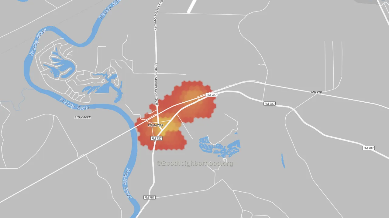 Walk Grade map of 77368, TX, walkable areas in green and car-dependent areas in red