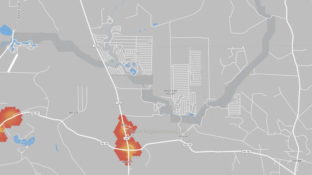 Walk Grade map of 77369, TX, walkable areas in green and car-dependent areas in red