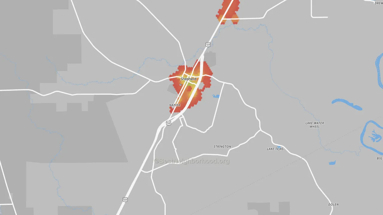 Walk Grade map of 77371, TX, walkable areas in green and car-dependent areas in red