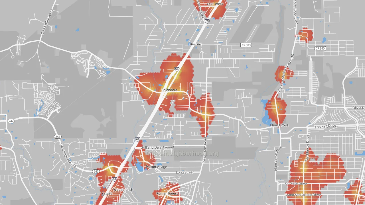 Walk Grade map of 77372, TX, walkable areas in green and car-dependent areas in red