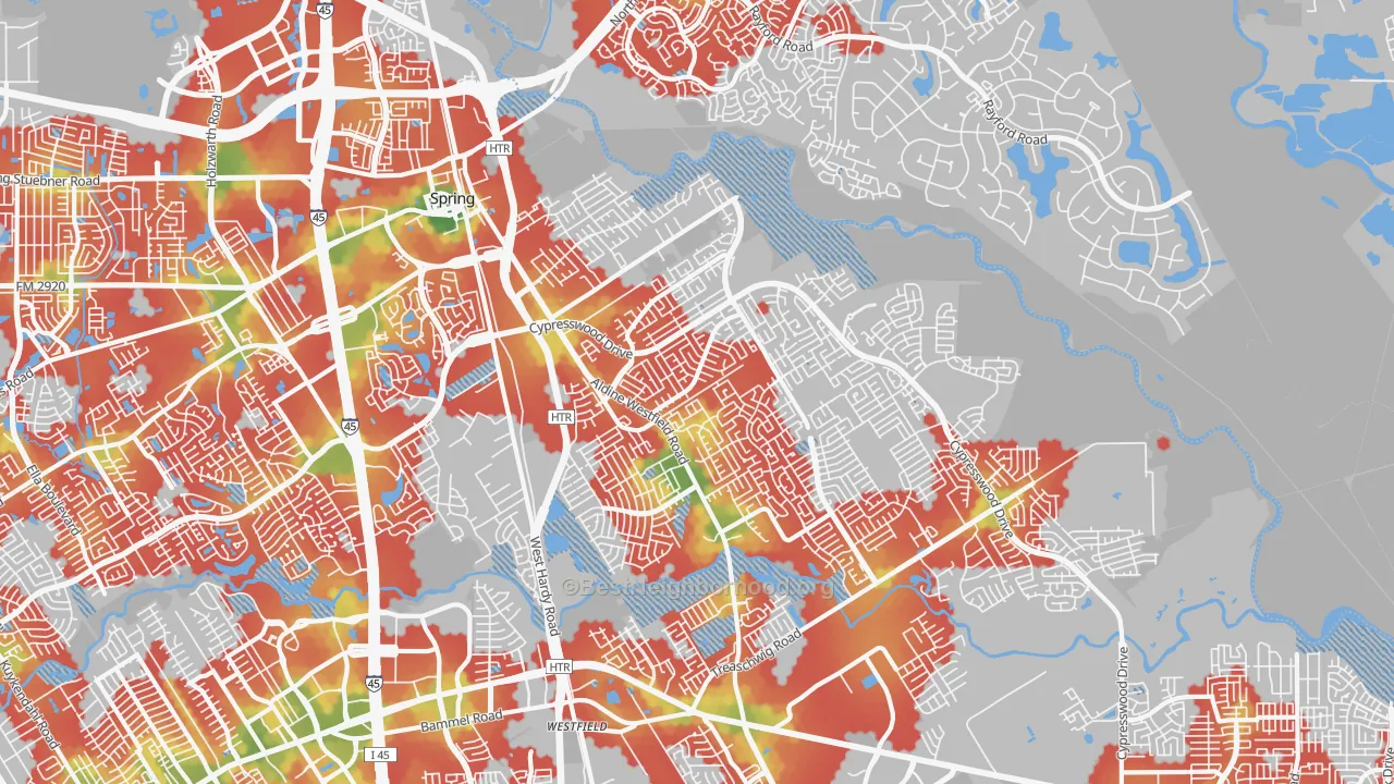 Walk Grade map of 77373, TX, walkable areas in green and car-dependent areas in red