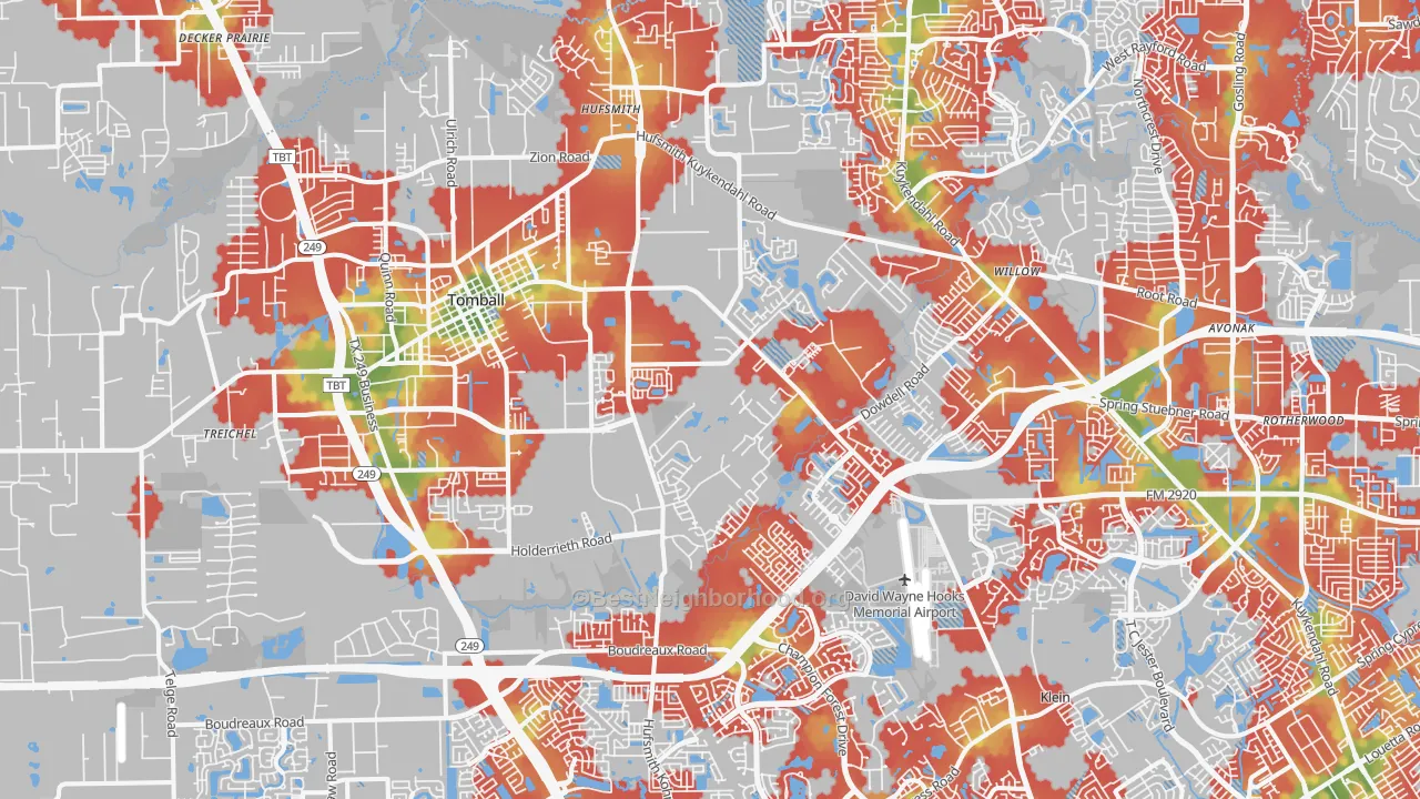 Walk Grade map of 77375, TX, walkable areas in green and car-dependent areas in red