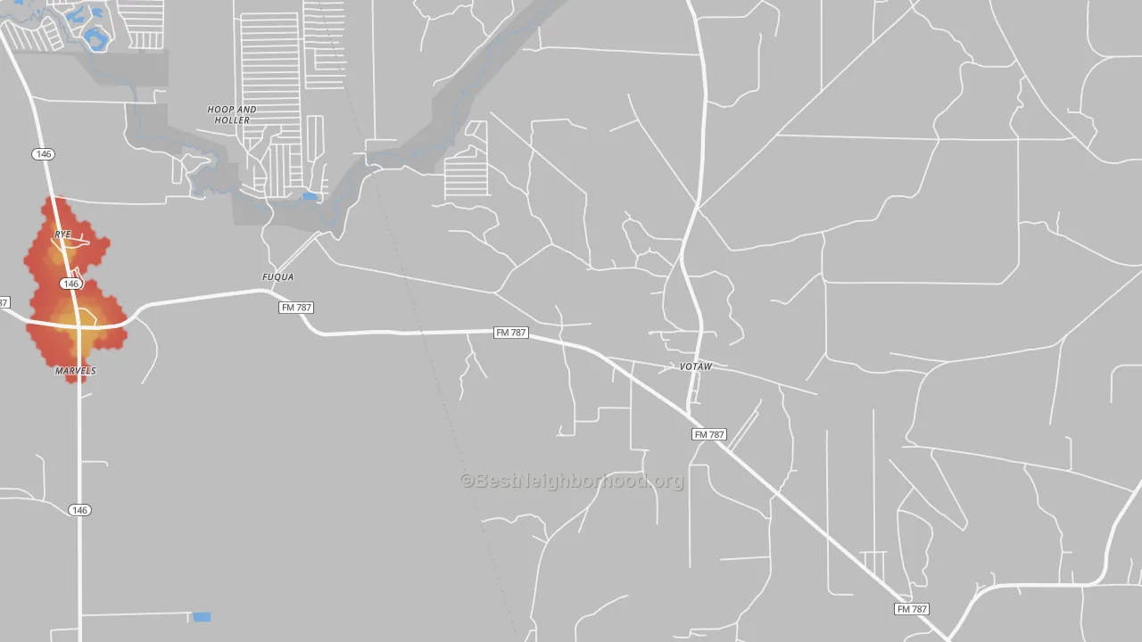Walk Grade map of 77376, TX, walkable areas in green and car-dependent areas in red